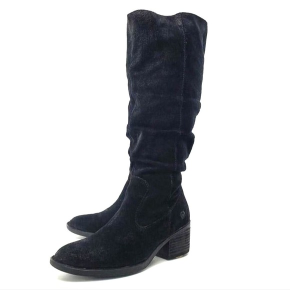 Born Shoes - Born Doyle Black Suede Distressed Ruched Low Heel Tall Western Style Riding Boot